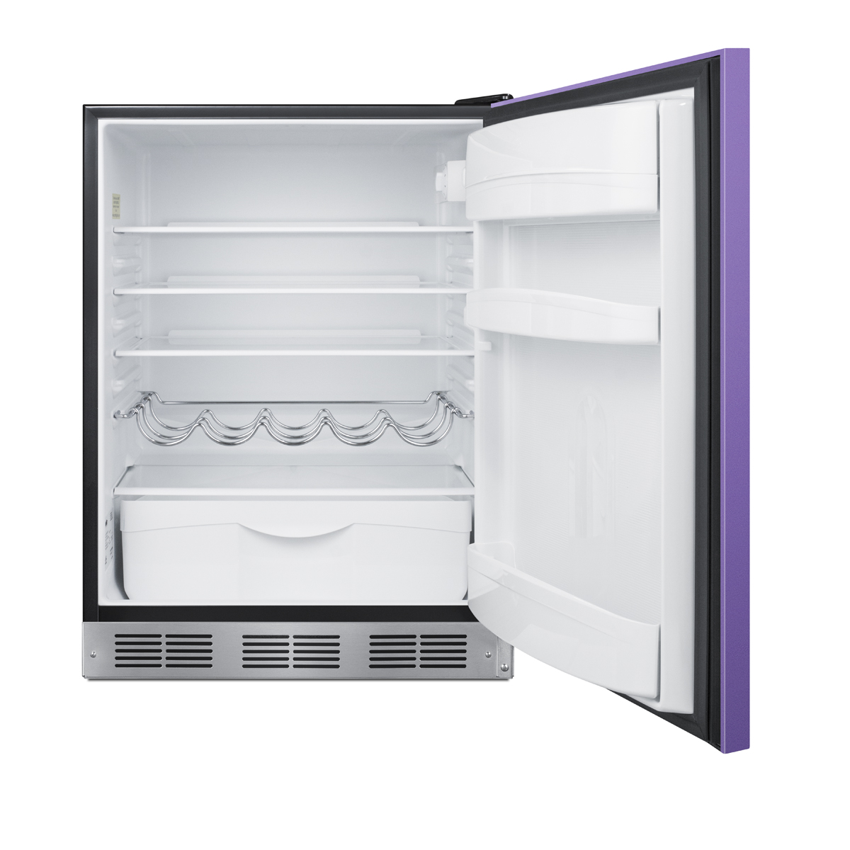 24 in. wide ADA height all-refrigerator for residential use, auto defrost with an lavender purple door, stainless steel handle, and black cabinet